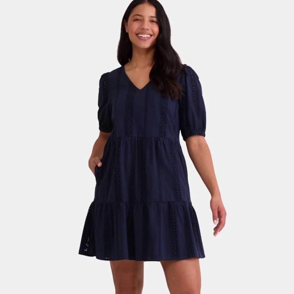 Time & Tru Navy Eyelet Tiered V-Neck Puff Sleeve Dress Sz XXL NWT